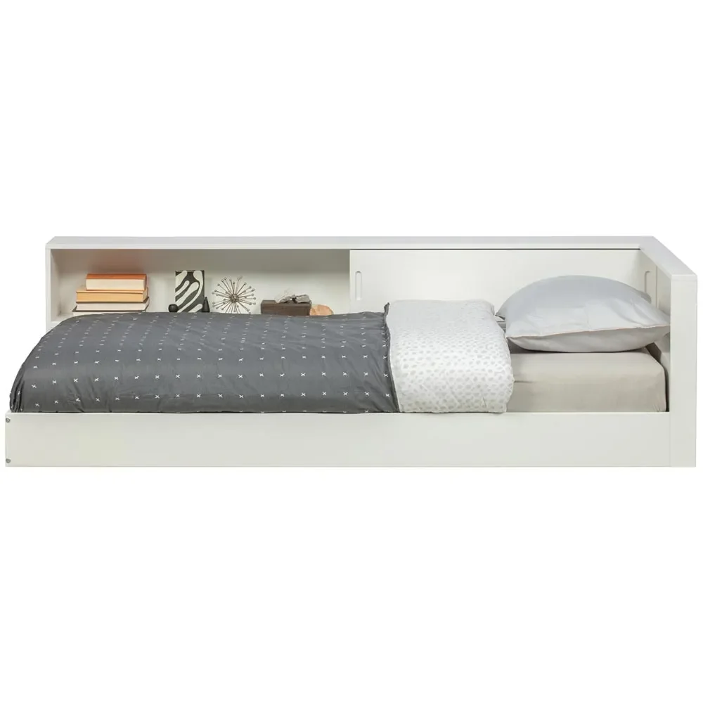 "Wood cot with shelf white image"