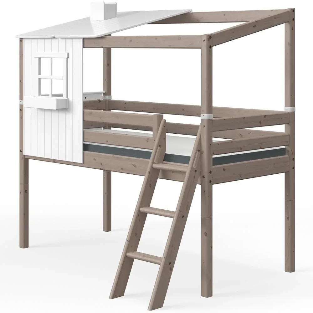 "Flexa half - high bed house with half roof white brown image"