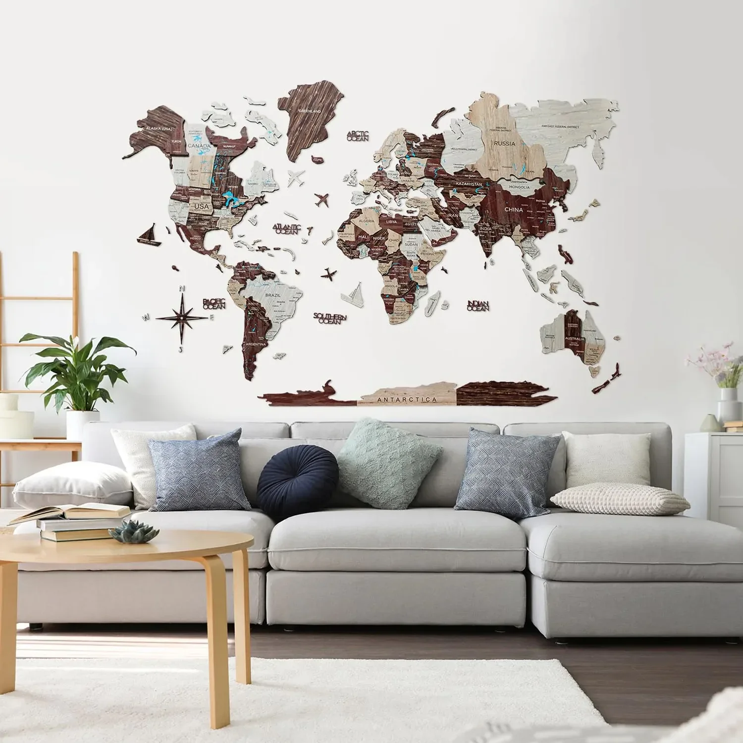 "World map wood, map world, world map wall decoration 3D - Enjoy the Wood, cappuccino prime, World map size: XL image"