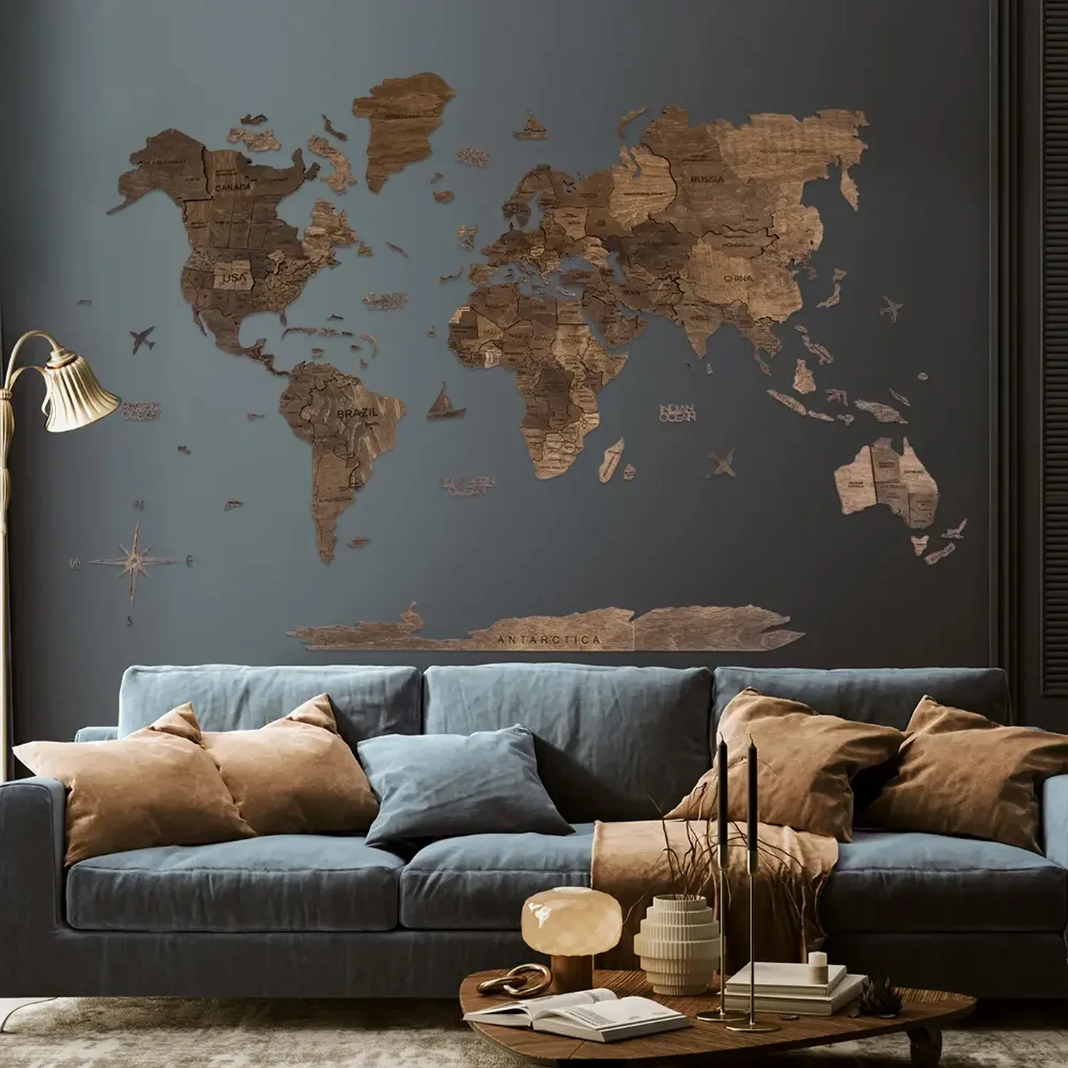 "World map wood, map world, world map wall decoration 3D - Enjoy the wood, walnut dark prime, World map size: XL image"