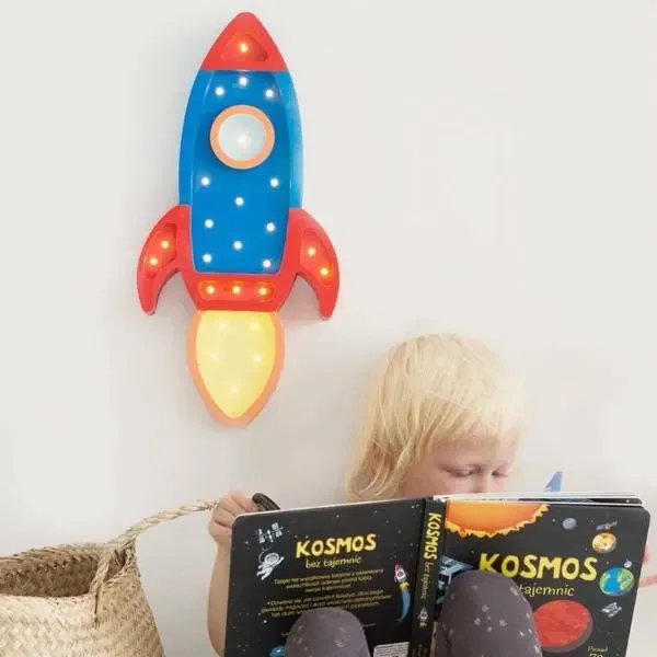 "Little Lights Kids Night Light, Night Lamp Rocket Ship – 100% Natural Pine, Color: Navy Blue/Red image"