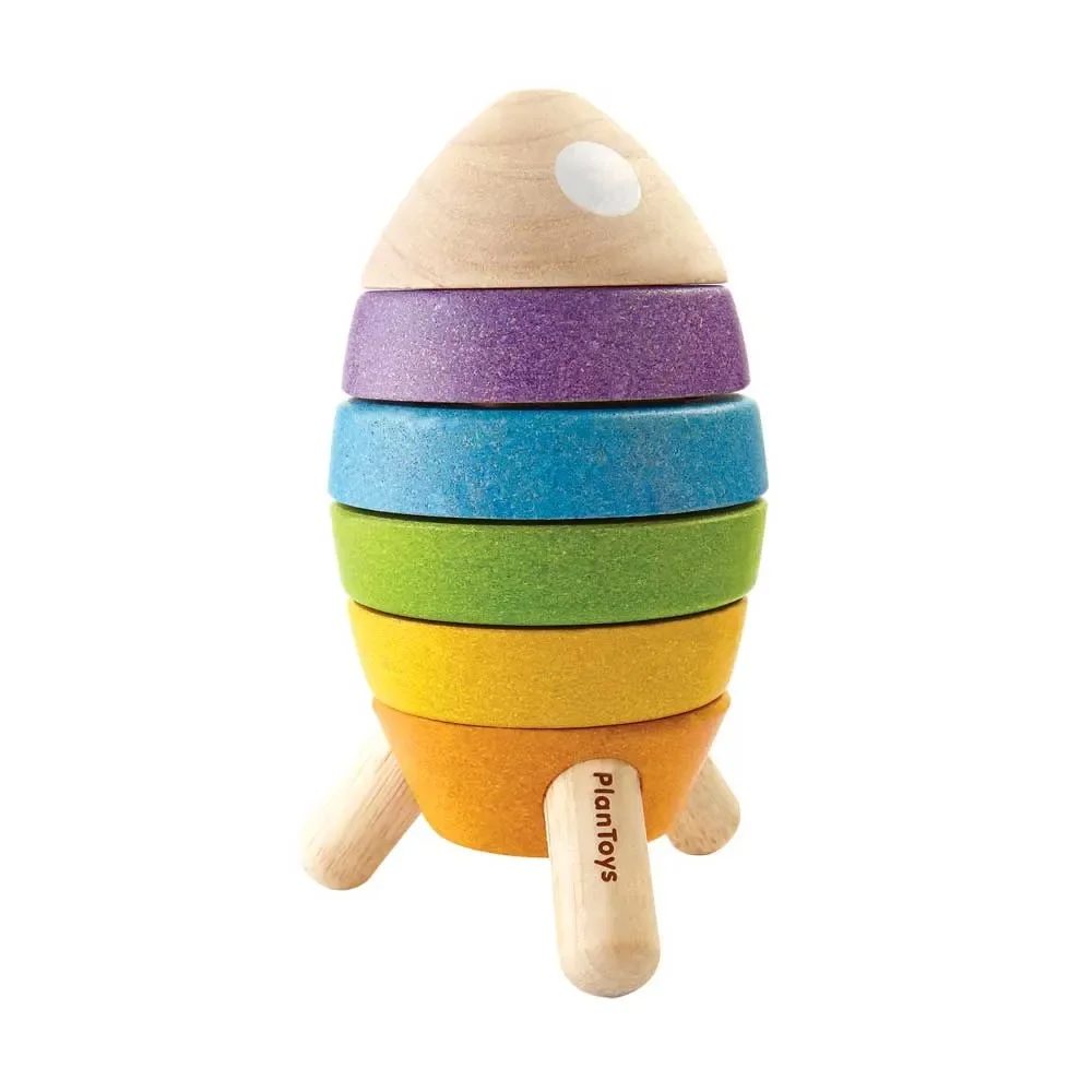 "Plan Toys stacking tower rocket colorful image"