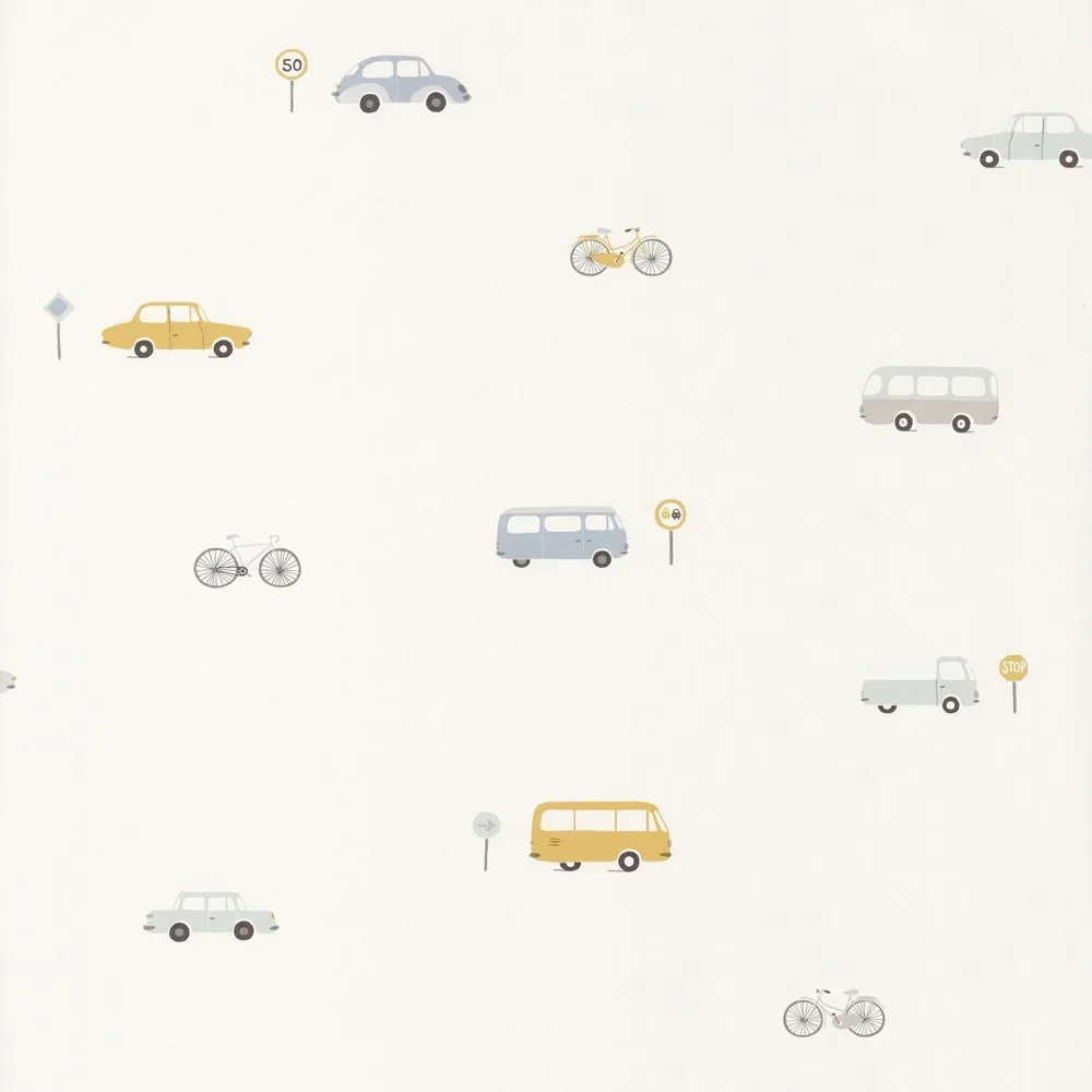 "Casadeco children's wallpaper Happy Dreams vehicles blue yellow image"