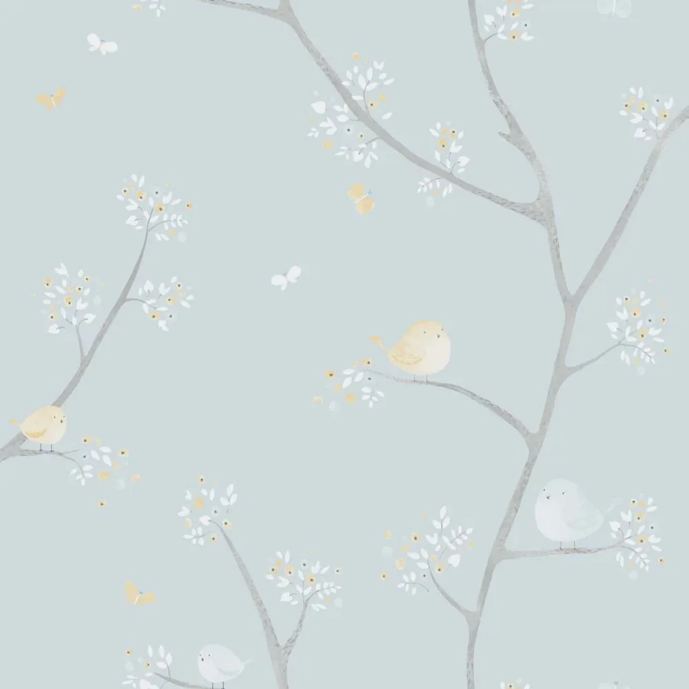 "Casadeco My Little World Wallpaper Birds Blue Brown Gray image"