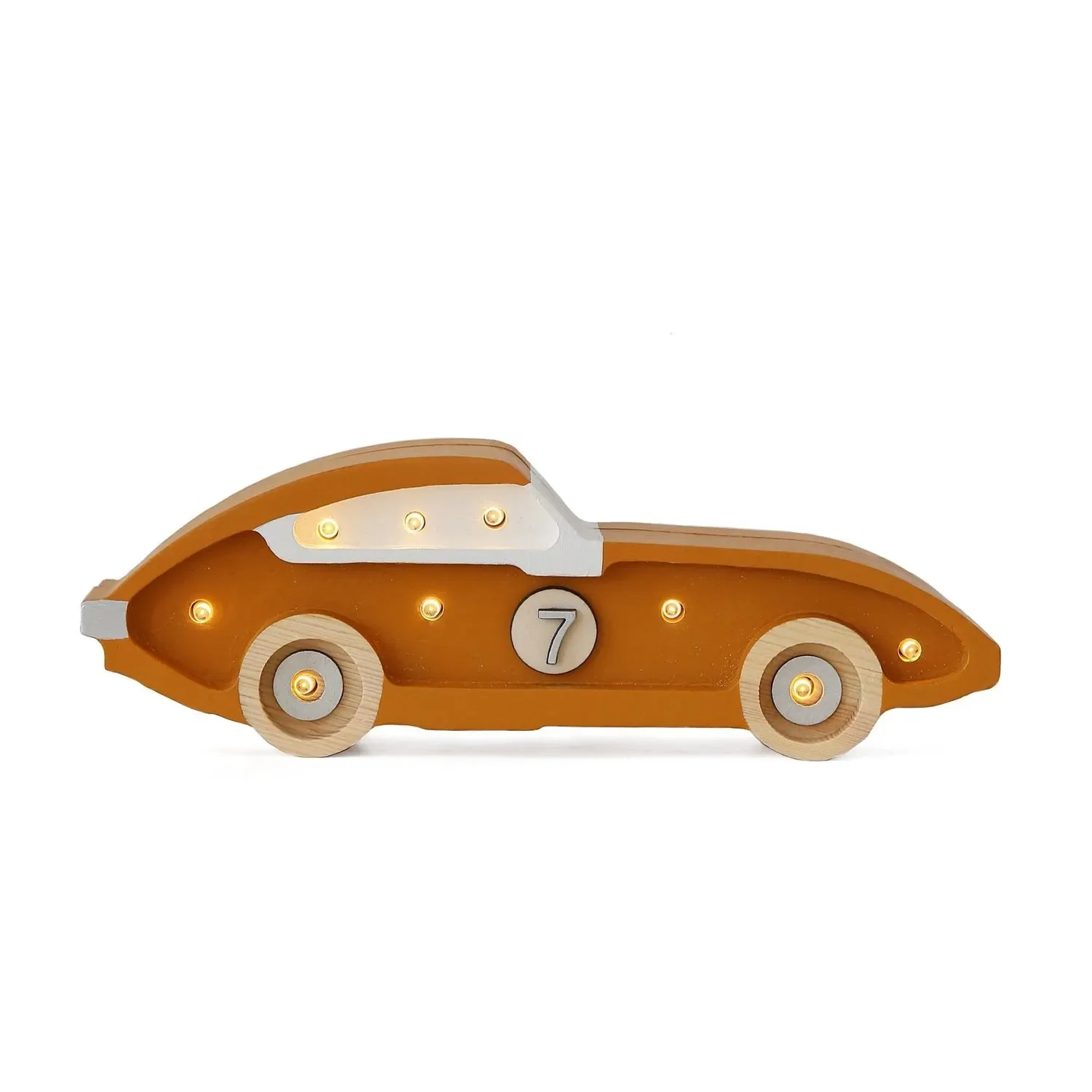 "Little Lights night light for kids, mini race car – 100% natural pine wood, color: mustard image"