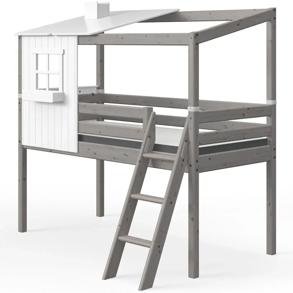 "Flexa half - high bed house with half roof white gray image"