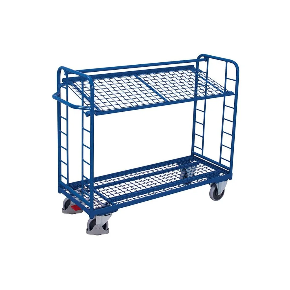 Shelf trolley with 2 wire mesh shelves powder-coated 400 kg load capacity Type L + EasySTOP