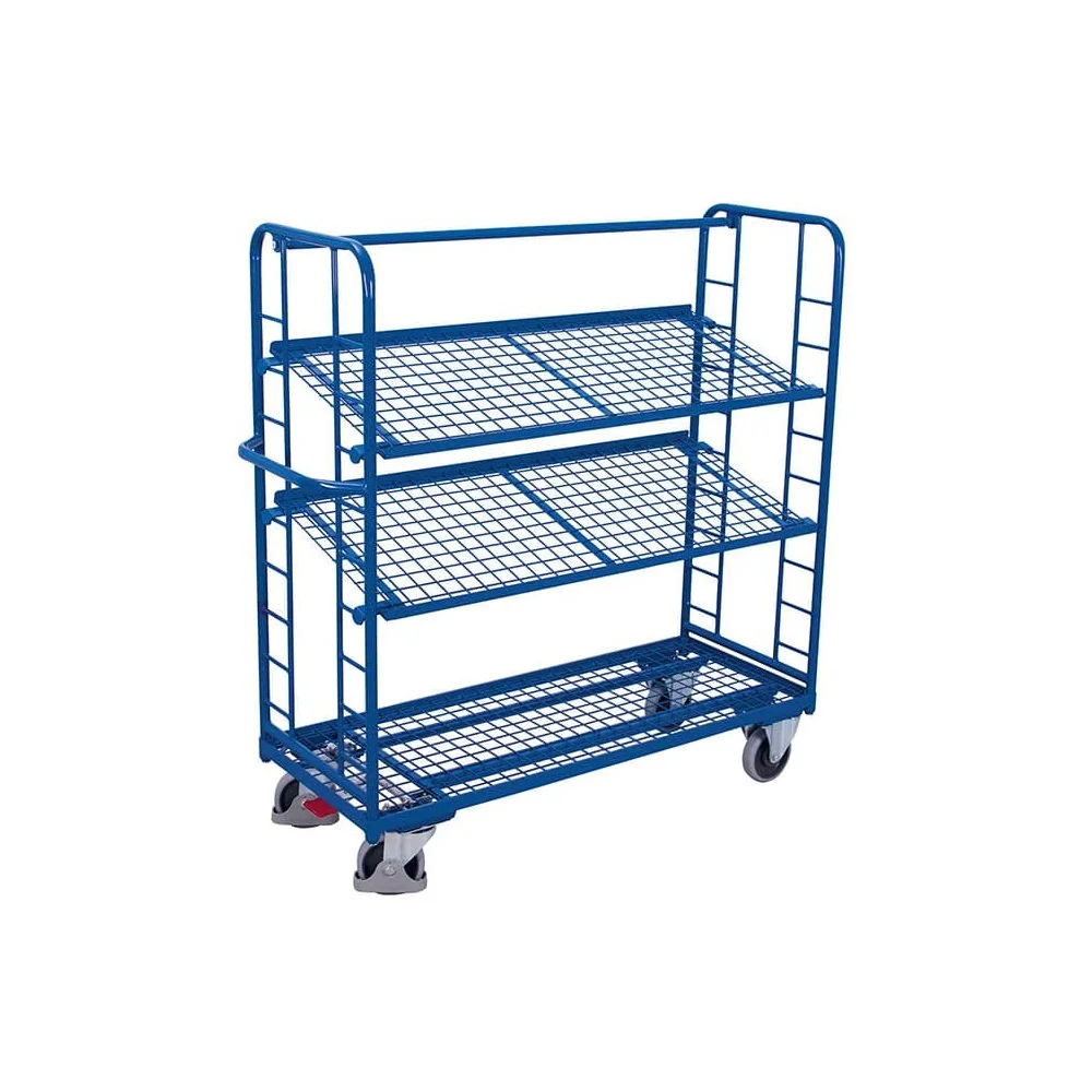 "Shelf trolley with 3 wire mesh shelves powder-coated 250 kg load capacity type M + EasySTOP image"