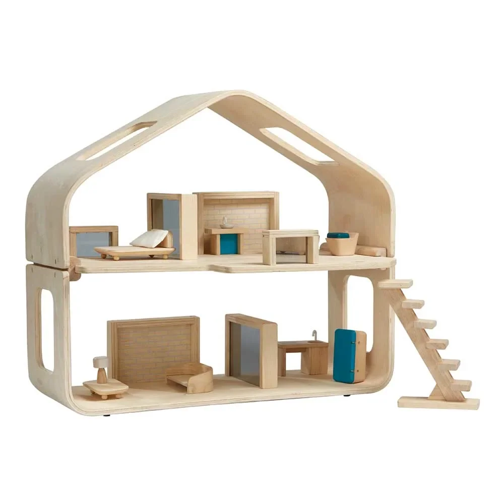 "Plan Toys Modern Dolls House furnished wood nature image"