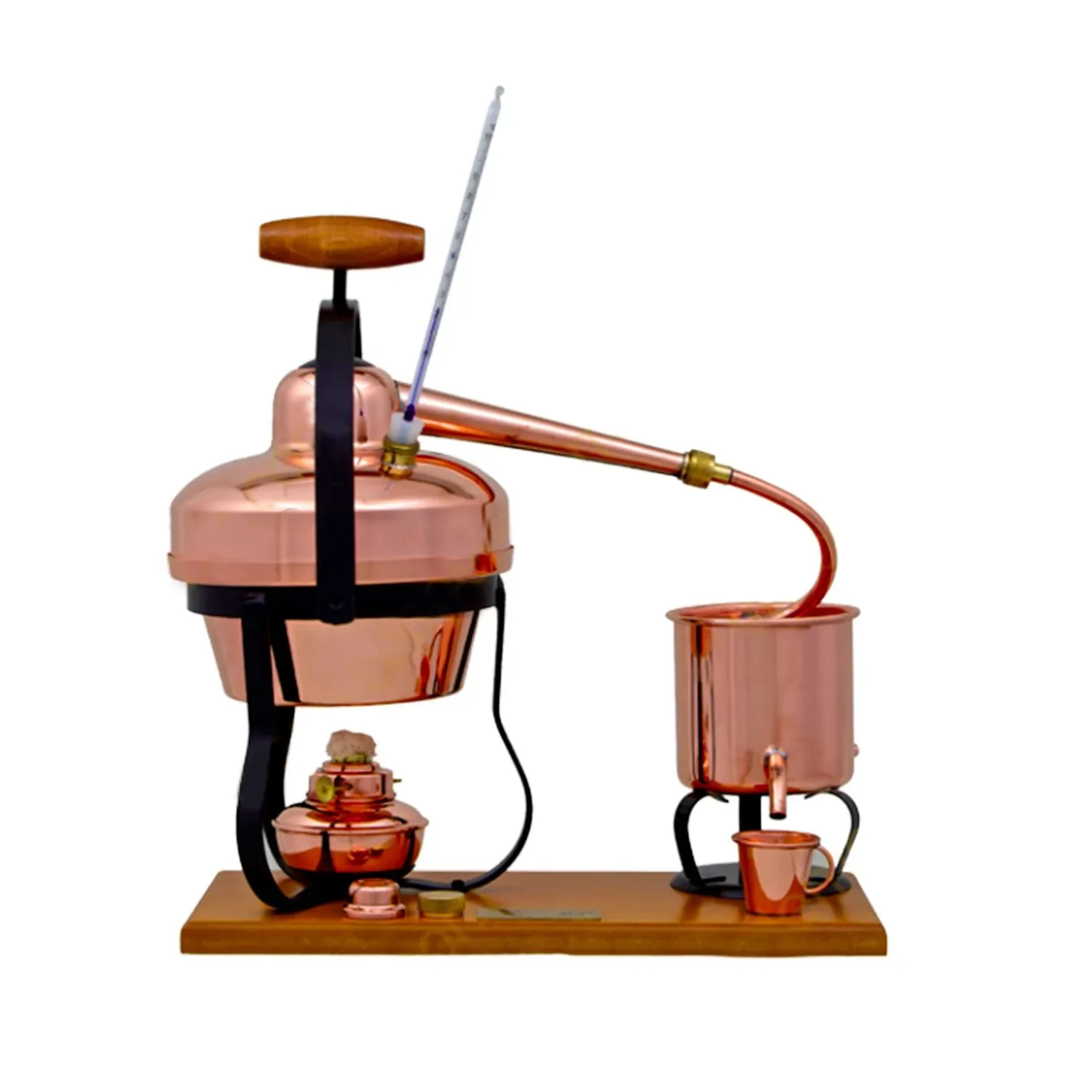 "Alembic, Distillation apparatus, Distiller - Copper, with spirit burner and thermometer, 1,25 litres image"