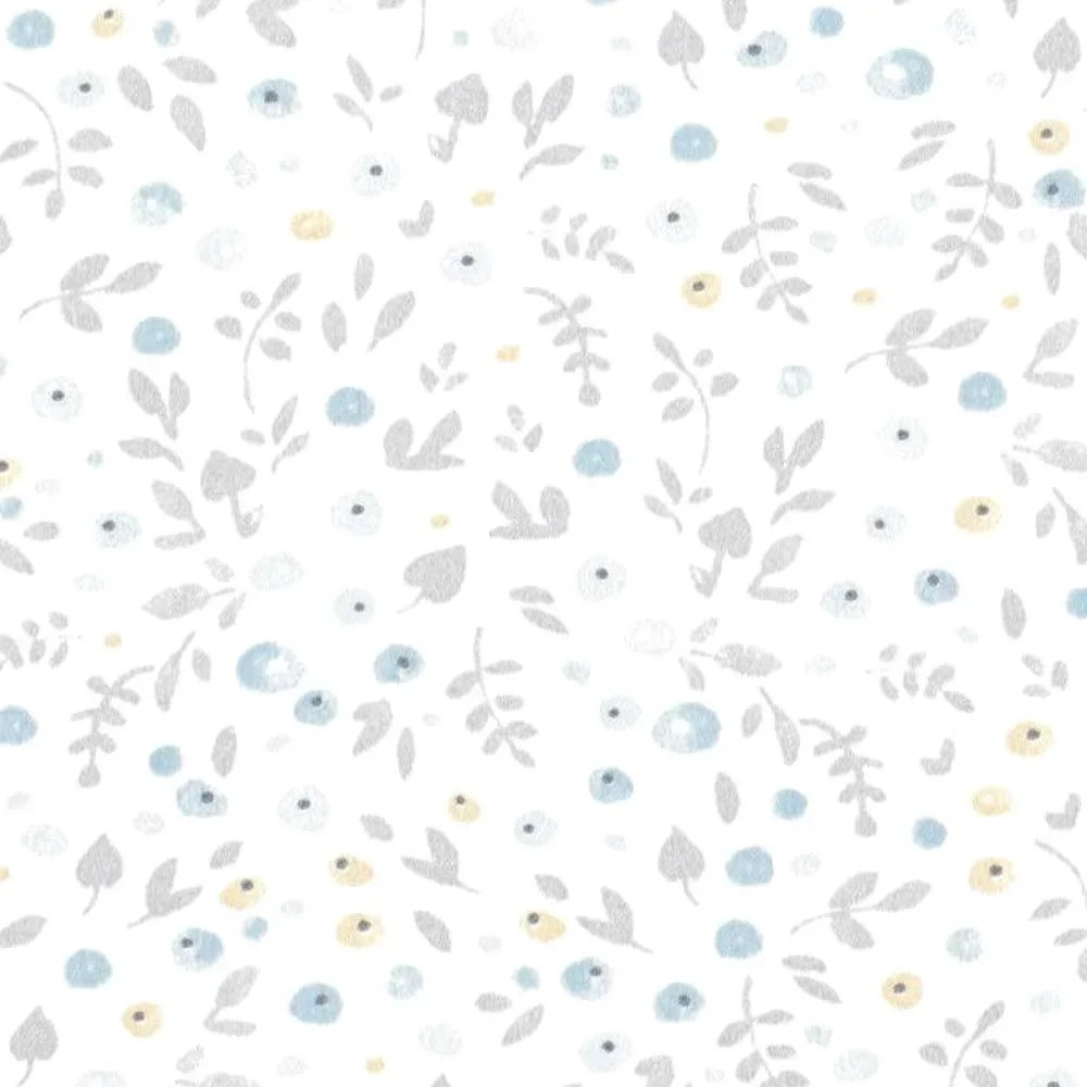 "Casadeco My Little World fabric screecue flowers light brown gray blue image"