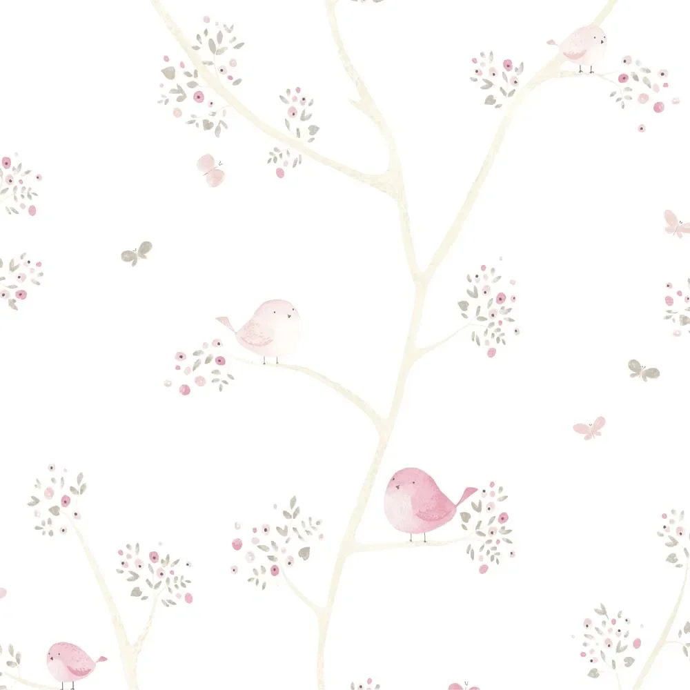 "Casadeco My Little World fabric birds pink gray image"