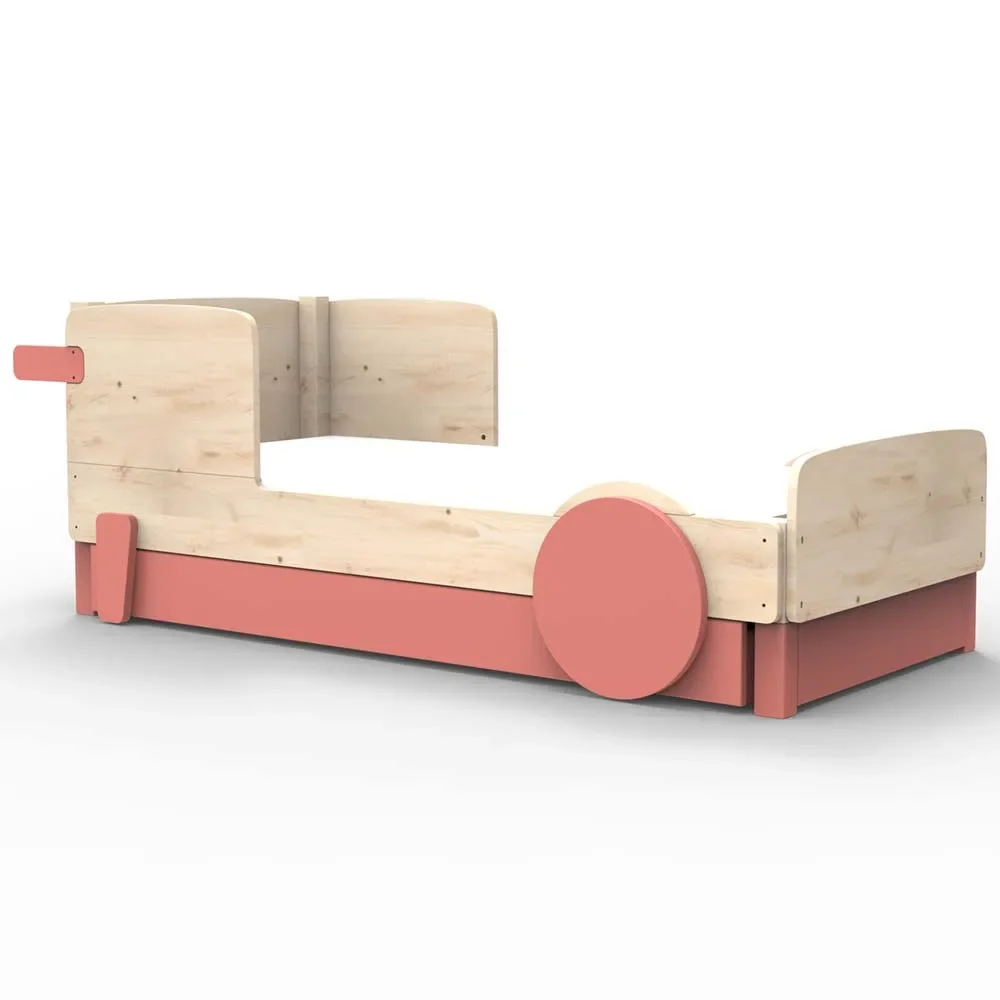 Mathy by Bol's single bed "Discovery" with bed drawer, Color elements: coral