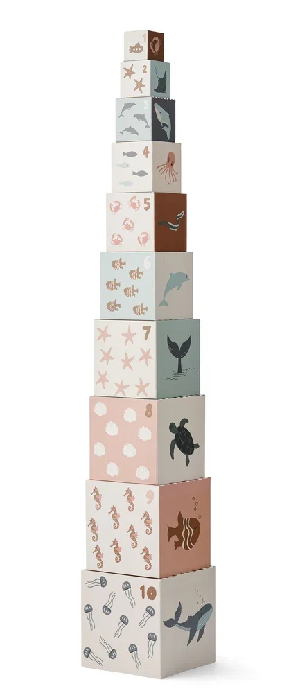 Liewood Printed Cardboard Building Blocks - Aaren, Learning Toy for Toddlers from 18 Months, Color: Sea creature/sandy mix