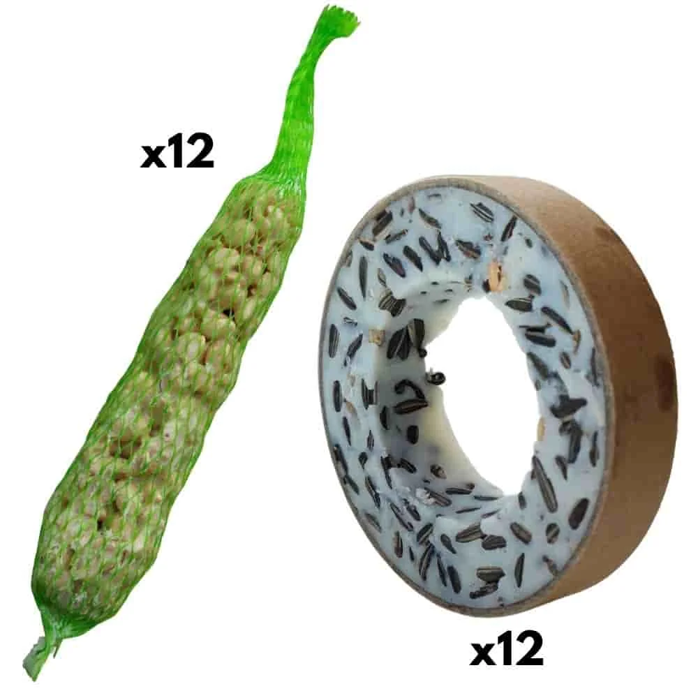 Bird food rings, 12 tit rings, 12 peanut sticks, wild bird food
