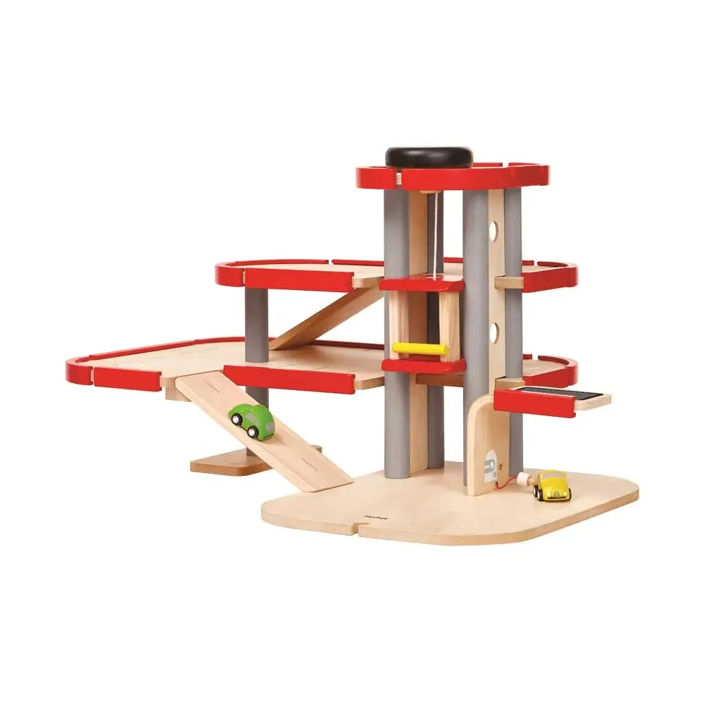 "Plan Toys parking garage electricity filling station wood image"