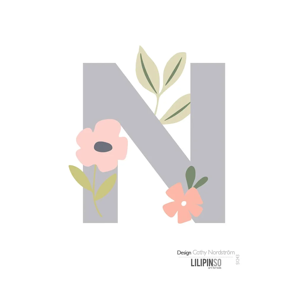 "Lilipinso sticker letter with flowers gray pink pastel n image"