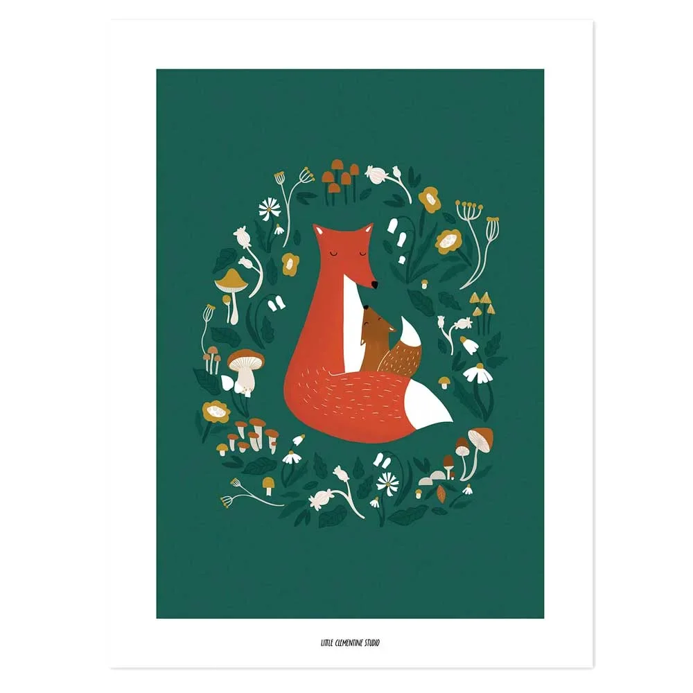"Lilipinso poster fox and mushrooms dark green image"