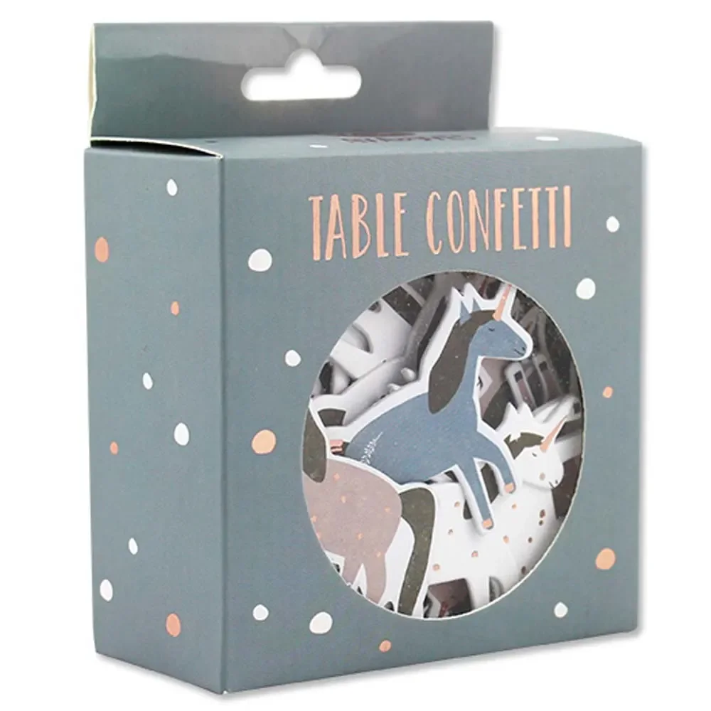 "Ava & Yves table confetti unicorn image"
