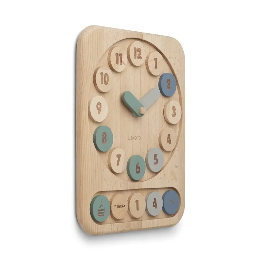 "Liewood learning clock "Yelena" wood blue image"