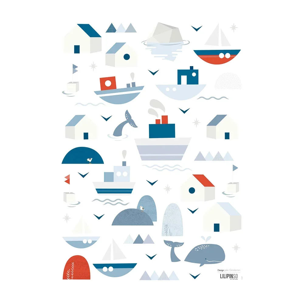 "Lilipinso wall sticker a3 ships houses and whales gray blue red image"