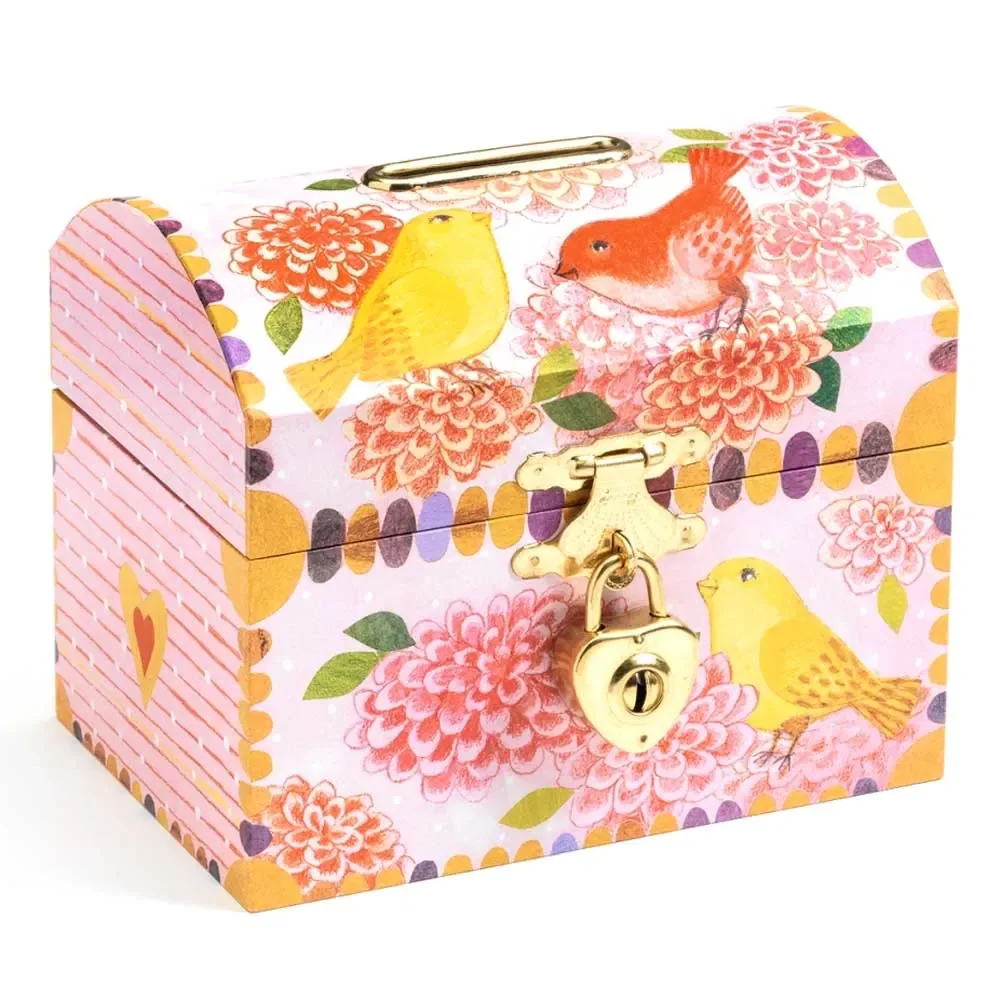 Djeco children money box treasure chest birds pink