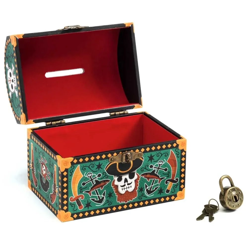 "Djeco kids money box treasure chest pirates petrol image"