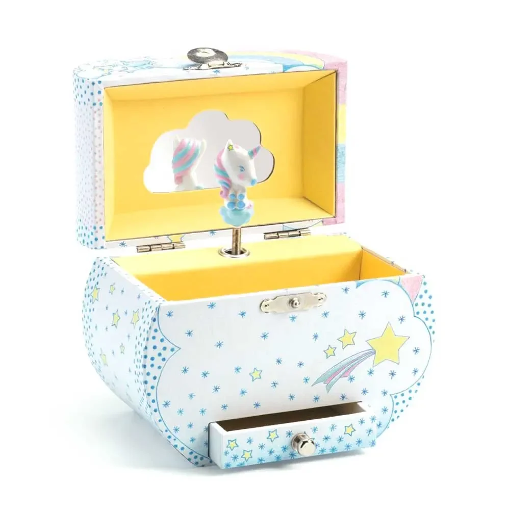 "Djeco jewelry box with music box unicorn image"