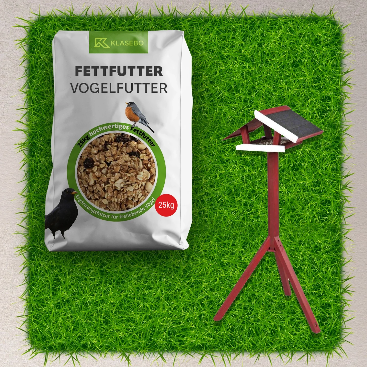 "Set Bird Feed Complete 25kg – Premium Wild Bird Feed 25kg, Standing Bird Feed House with Stand made of Wood red/white 1 Pc. image"