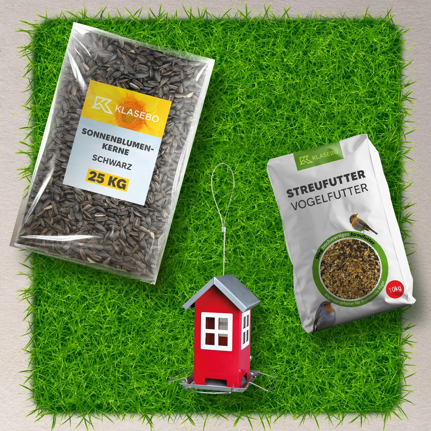 "Set Bird Feed Station - Scatter Feed Wild Birds 10 kg, hanging Feed House red 1 Pc., Sunflower Seeds black oily 25 kg image"