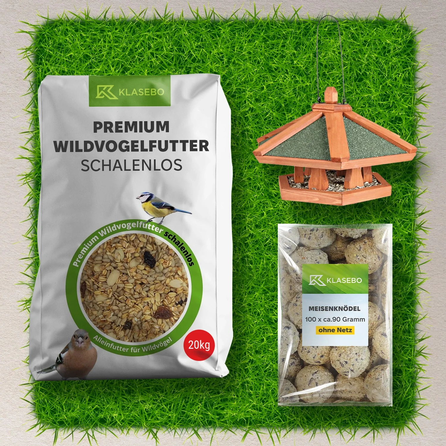 "Set Wild Bird Feed Complete – Tit Dumplings with Insects 100 Pcs. à approx. 90g net-free, hanging Feeding House made of Pine Wood 42x24cm, Premium Wild Bird Feed husk-free 20kg image"