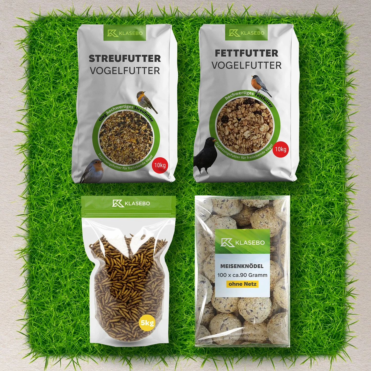 "Bird Food Set Wild Birds Premium 34kg – Scatter Feed 10kg, dried Soldier Fly Larvae 5kg, Fat Balls 100 pcs. each 90g, High-Energy Suet Mix 10kg image"