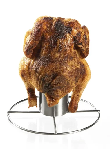 "Grill chicken holder with aroma container, stainless steel image"