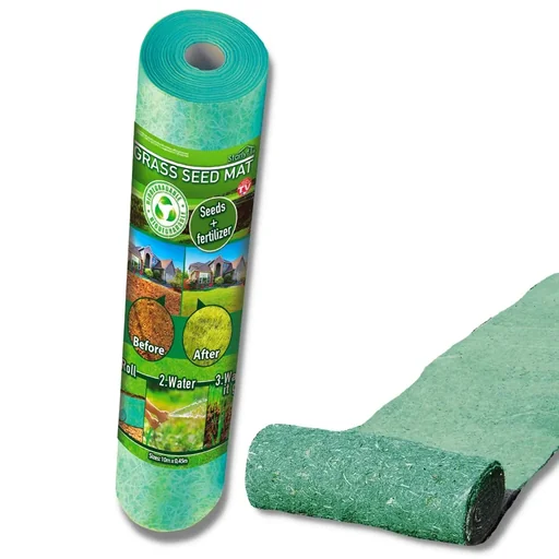 "Grass seed mat with seeds and fertilizer image"