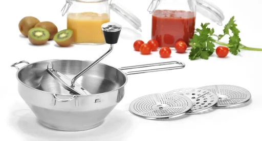 "Food mill with 3 inserts, stainless steel image"
