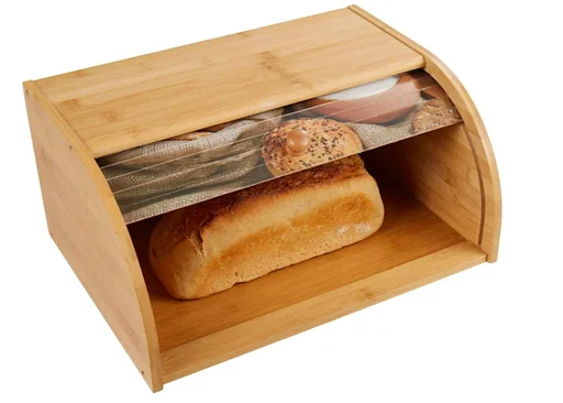 "Bamboo bread box with roll-top lid (motif: bread selection) image"