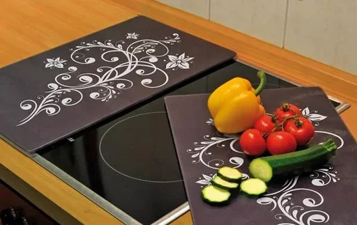 "3-in-1 stove cover plates, cutting boards, "Nero", made of glass ceramic, ornamental design, 52 x 30 cm, set of 2 image"