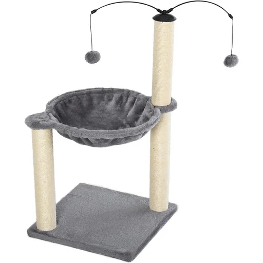"Cat tree with hammock and play ball, grey image"