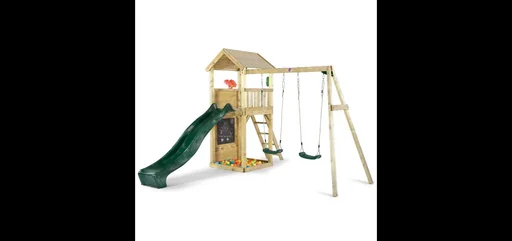 "Wooden observation tower with double swing, outdoor play tower, climbing wall, slide, sandpit, chalkboard, natural image"