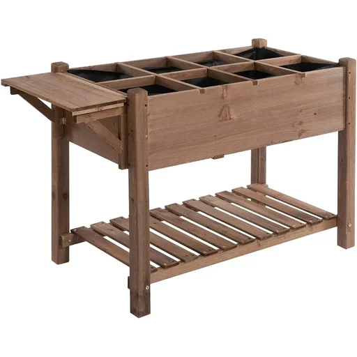 "Raised bed planter with 8 divided grids foldable shelf flower box flowerpot herb bed solid wood brown 123 x image"