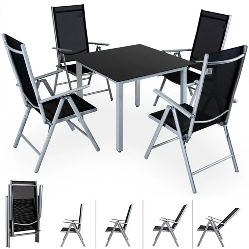 "Garden set aluminum Bern 4+1 foldable high backrest & black glass top image"