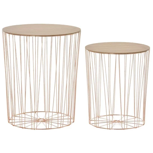 "Side table with storage space, set of 2 metal baskets with wooden lids, bedside table, natural + pink gold, Ø40.7 x 49.5 cm, Ø33.8 x 40.8 cm image"