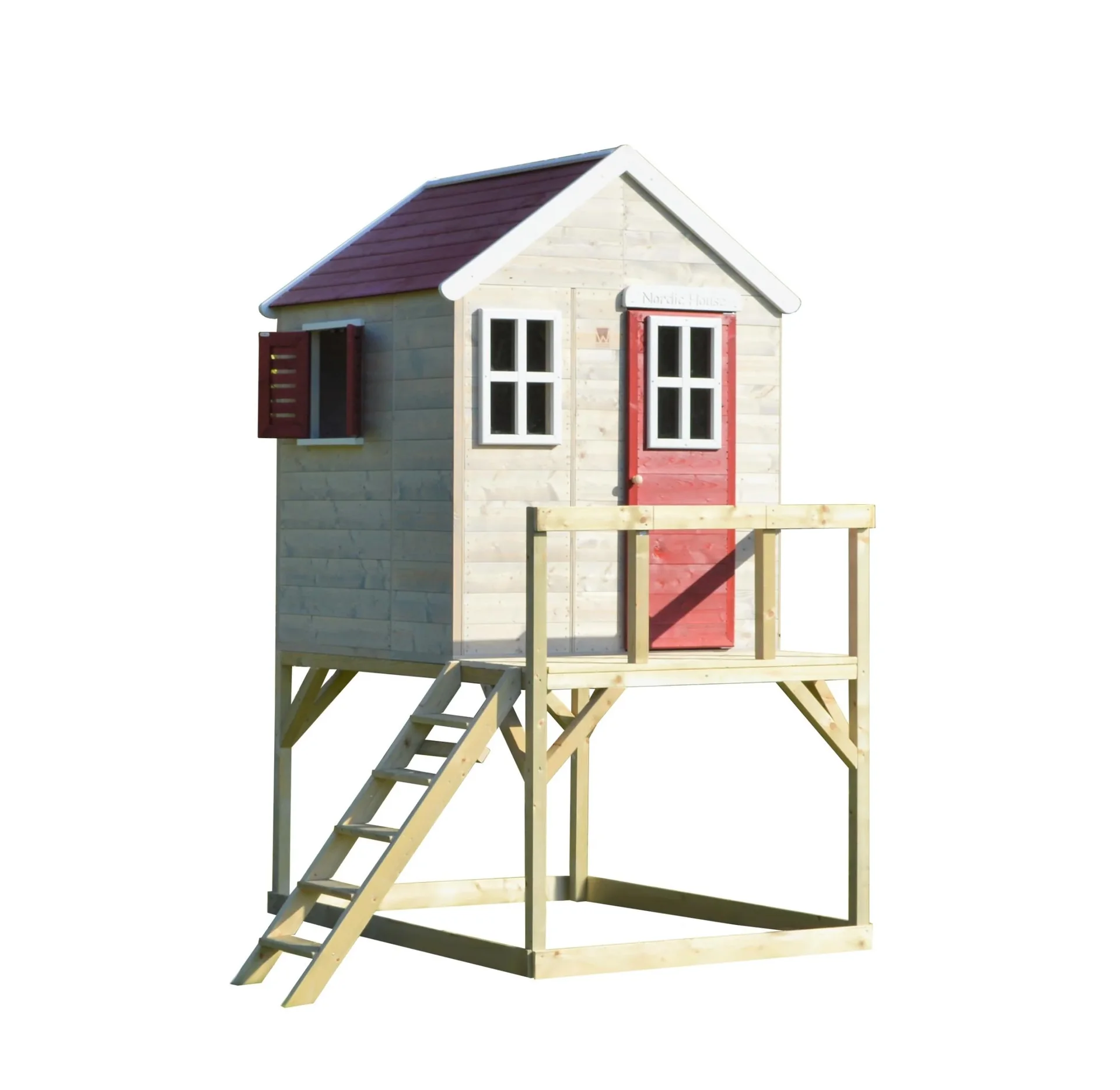 "Garden playhouse "Stork", wood, red/natural, 160 x 190 x 242 cm image"
