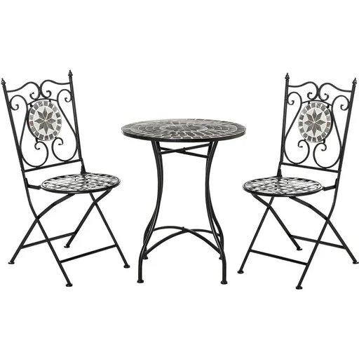 "Garden seating group 3-piece mosaic table dining group garden furniture set 1 table + 2 foldable chairs garden metal ceramic tile image"
