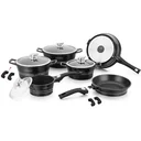 15 pieces marble-coated pans - with removable handles - with grill pan - black
