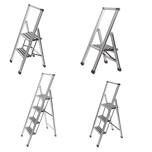 "Aluminium design folding stepladder 2-step silver, non-slip household ladder, safety stepladder image"