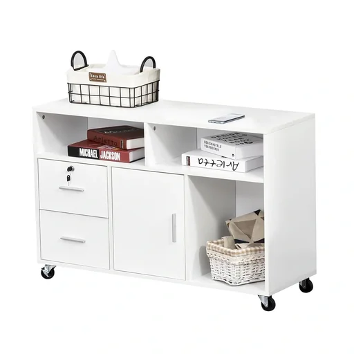 "Office container with wheels, filing cabinet, office cabinet, printer table with 2 drawers, file storage, chipboard, image"