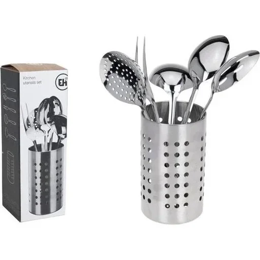 "Kitchen set - stainless steel - 6-piece - meat fork, vegetable spoon, serving spoon, skimmer, soup spoon with stand image"