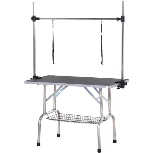 "Grooming table, pet care table, shearing table with lower basket for dogs, height adjustable, foldable, stainless steel metal image"