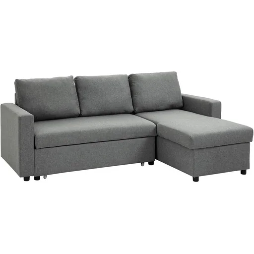 "Corner sofa with sleeping function, storage space, corner couch with bed box, chaise longue, sofa bed, fabric sofa, L-shape, linen touch, light grey image"